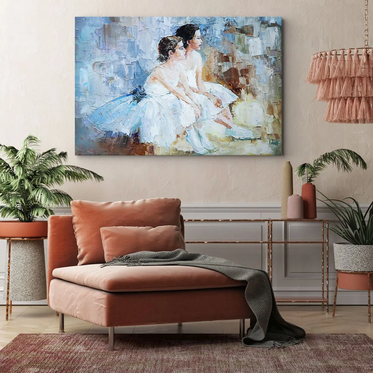 Obraz na plátne - Dve baleríny v bielych oblekoch relaxujú na pastelovom pozadí. - 70x50cm - Odpočinok mladých labutí - Moderná nástenná dekorácia do obývacej izby a spálne ARTTOR