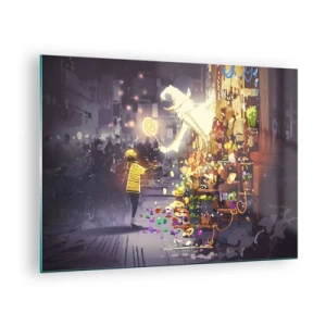 Obraz na skle - Dieťa v ľahkom tričku pri jasnom stánku plnom farebných sladkostí - 70x50cm - Kúzla existujú - Moderná nástenná dekorácia do obývacej izby a spálne ARTTOR