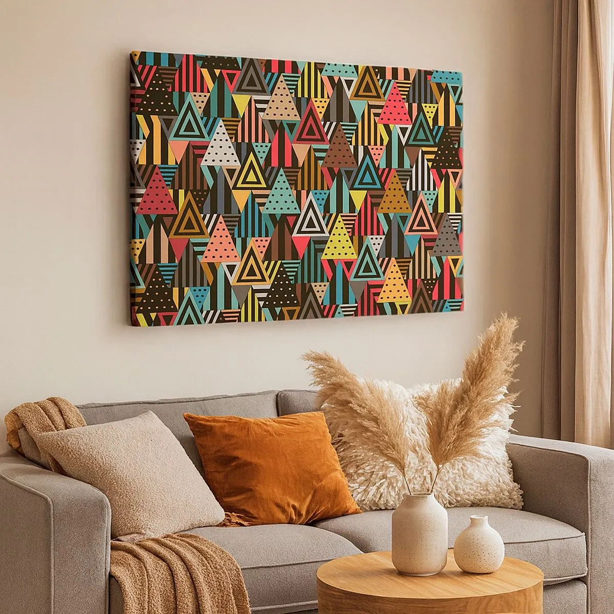 Obraz na plátne - Farebný geometrický vzor s trojuholníkmi a čiarami - 70x50cm - V rytme na tri - Moderná nástenná dekorácia do obývacej izby a spálne ARTTOR