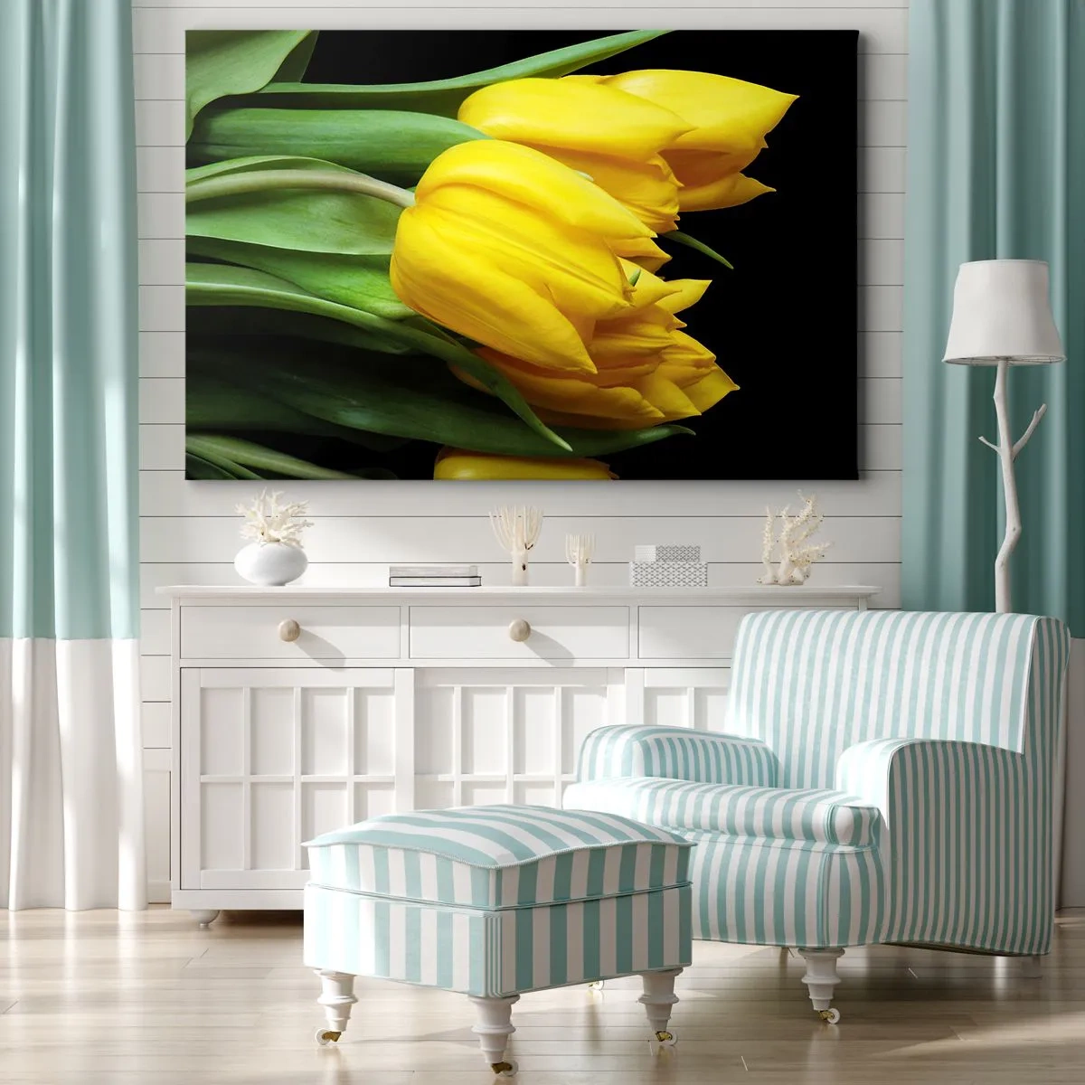 Obraz na plátne - Kytica žltých tulipánov na čiernom pozadí - 70x50cm - Vznikli z čistého slnka - Moderná nástenná dekorácia do obývacej izby a spálne ARTTOR