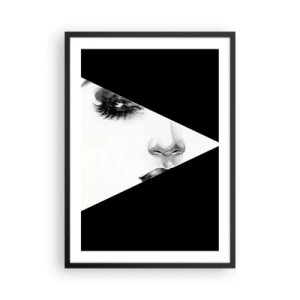 Plagát v čiernom ráme - Minimalistický portrét ženy v čiernej a bielej farbe s geometrickým členením. - 50x70cm - Vždy neobjavená - Moderná nástenná dekorácia do obývacej izby a spálne ARTTOR
