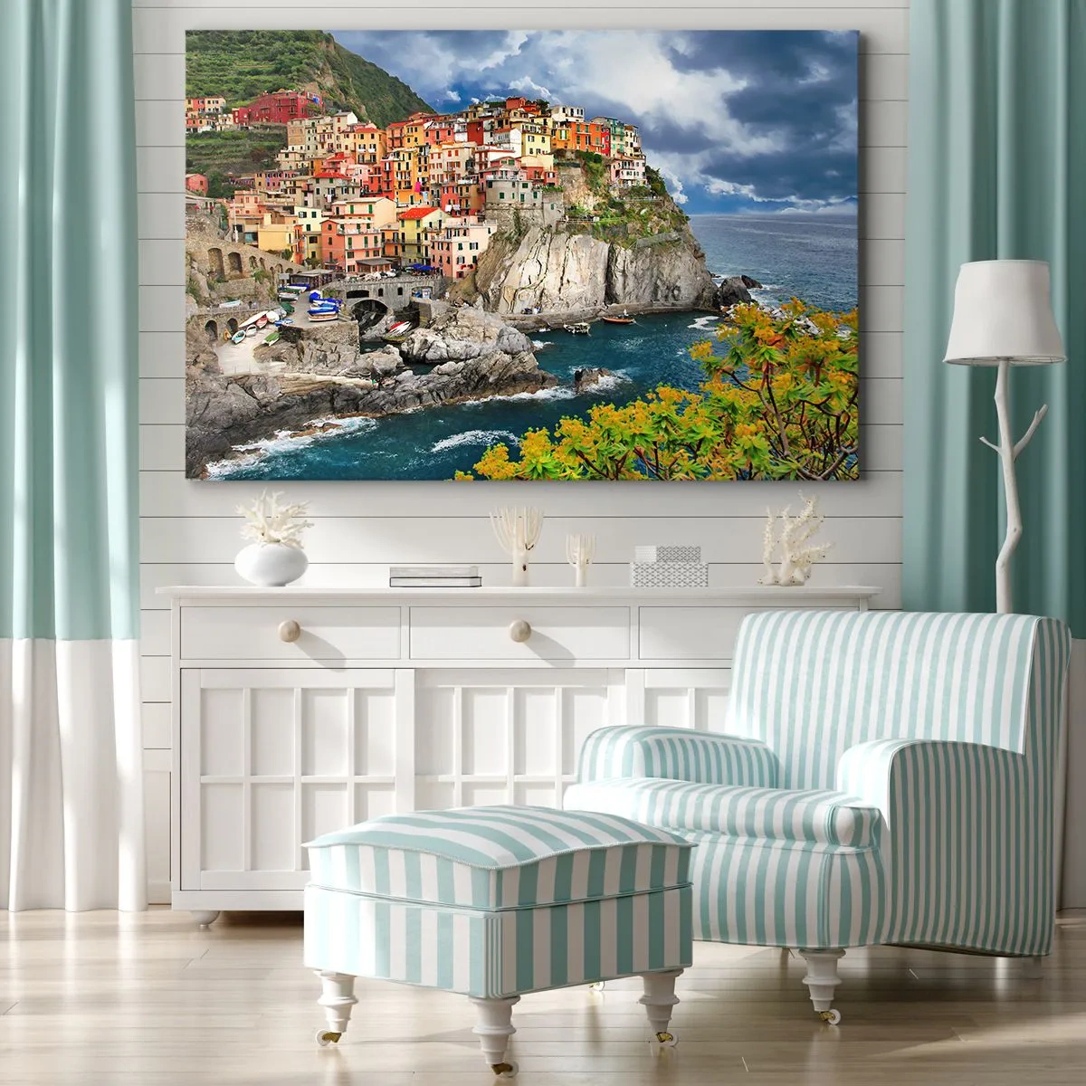 Obraz na plátne - Farebné domy na útese s výhľadom na more v Cinque Terre - 70x50cm - Hromádka pritúlená k skalám - Moderná nástenná dekorácia do obývacej izby a spálne ARTTOR