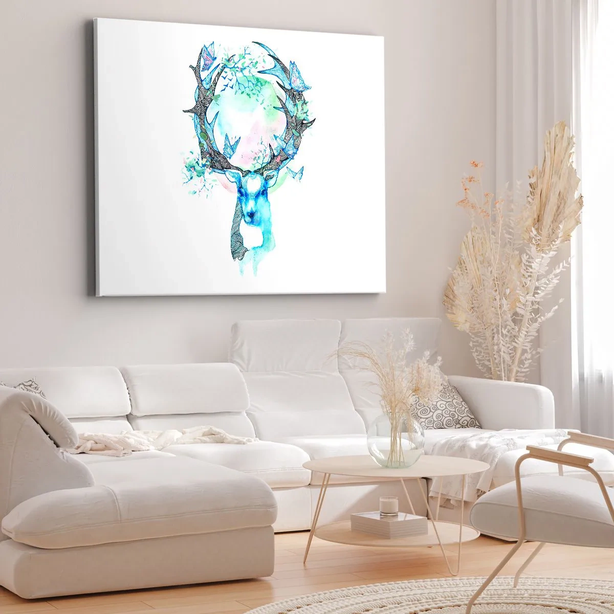 Obraz na plátne - Rozmarná grafika jeleňa s motívom prírody a motýľa - 70x50cm - Sila a jemnosť prírody - Moderná nástenná dekorácia do obývacej izby a spálne ARTTOR