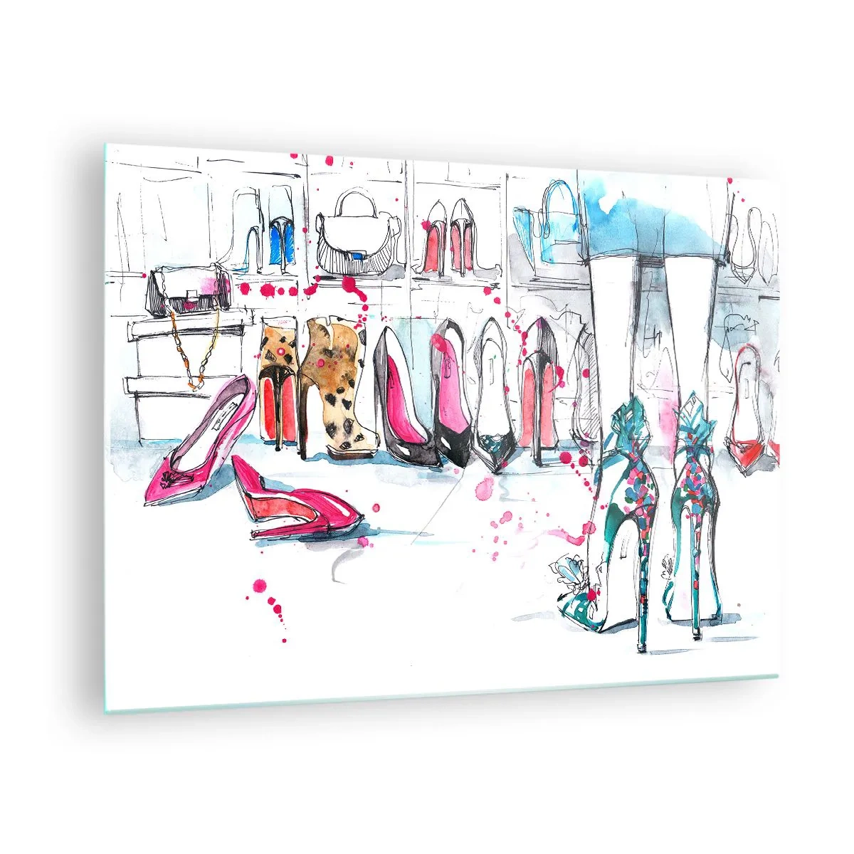 Obraz na skle - Ilustrácia elegantných vysokých podpätkov v obchode - 70x50cm - Sezame, otvor sa - Moderná nástenná dekorácia do obývacej izby a spálne ARTTOR