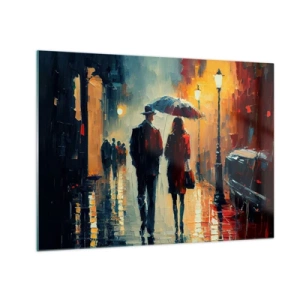 Obraz na skle - Pár s dáždnikom kráča v noci po mokrej ulici. - 70x50cm - Mestská love story - Moderná nástenná dekorácia do obývacej izby a spálne ARTTOR