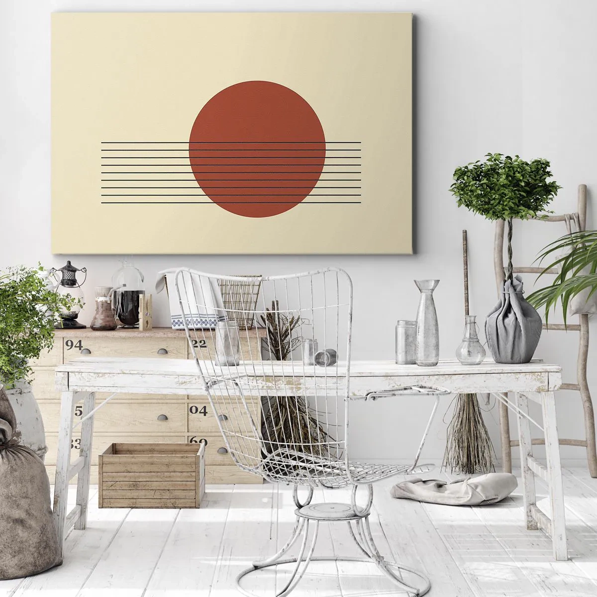 Obraz na plátne - Abstraktný červený kruh s čiarami na béžovom pozadí. - 70x50cm - Stále dookola - Moderná nástenná dekorácia do obývacej izby a spálne ARTTOR