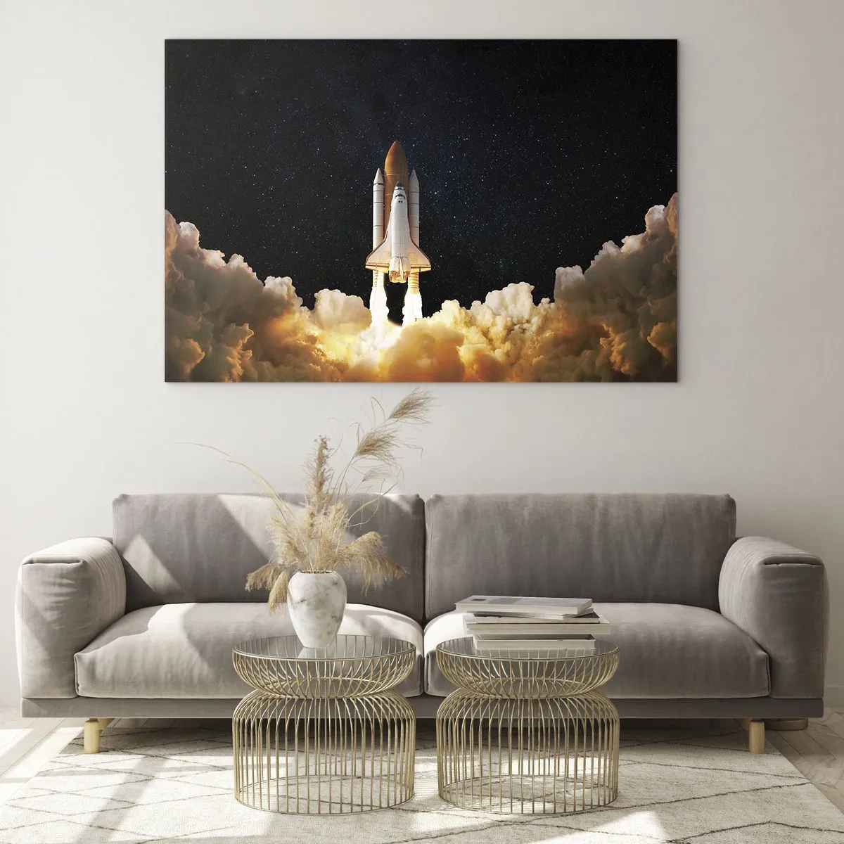 Obraz na skle - Raketoplán štartuje proti hviezdnej oblohe - 70x50cm - Ad astra! - Moderná nástenná dekorácia do obývacej izby a spálne ARTTOR