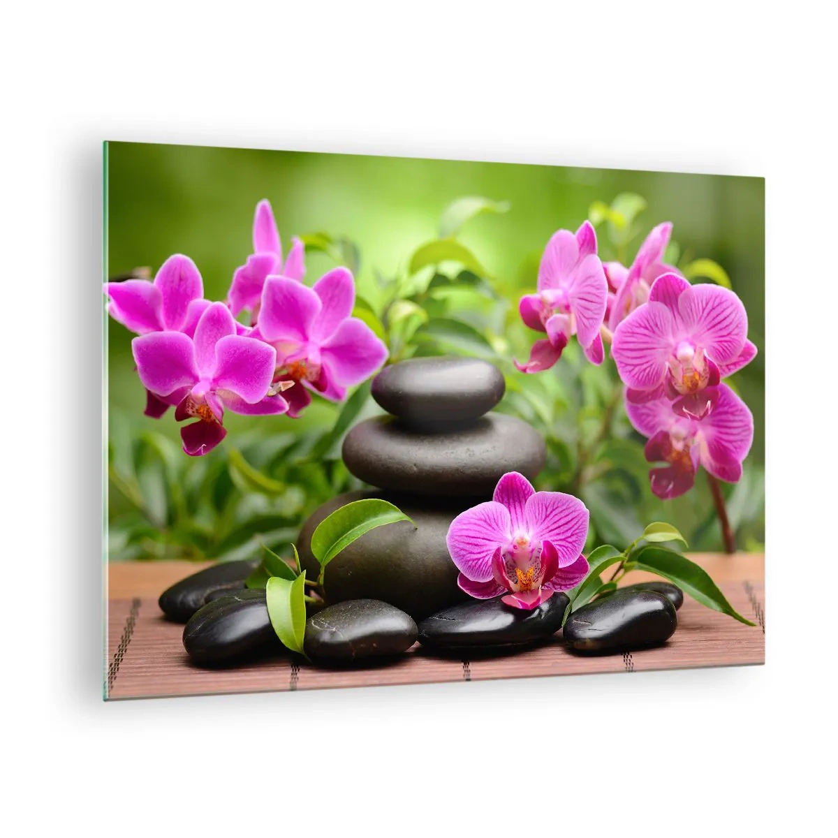 Obraz na skle - Ružové orchidey a čierne kamene v pokojnom prostredí - 70x50cm - Pyramída pokoja - Moderná nástenná dekorácia do obývacej izby a spálne ARTTOR
