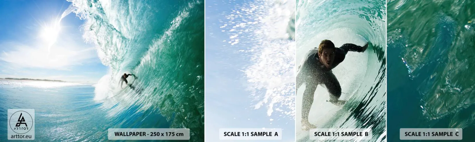 Vzorka samolepiacej fototapety Deluxe Sticker - Vždy na povrchu - Krajina, oceán, Surfer - 100x30 cm