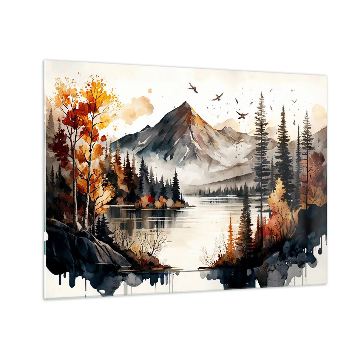 Obraz na skle - Jesenná horská krajina s jazerom a lesom - 70x50cm - Zlatá jeseň na horách - Moderná nástenná dekorácia do obývacej izby a spálne ARTTOR