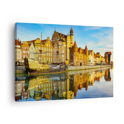 Obraz na plátne - Malebný výhľad na staré mesto s plachetnicou a vodou - 70x50cm - Zrkadlový odraz minulosti - Moderná nástenná dekorácia do obývacej izby a spálne ARTTOR