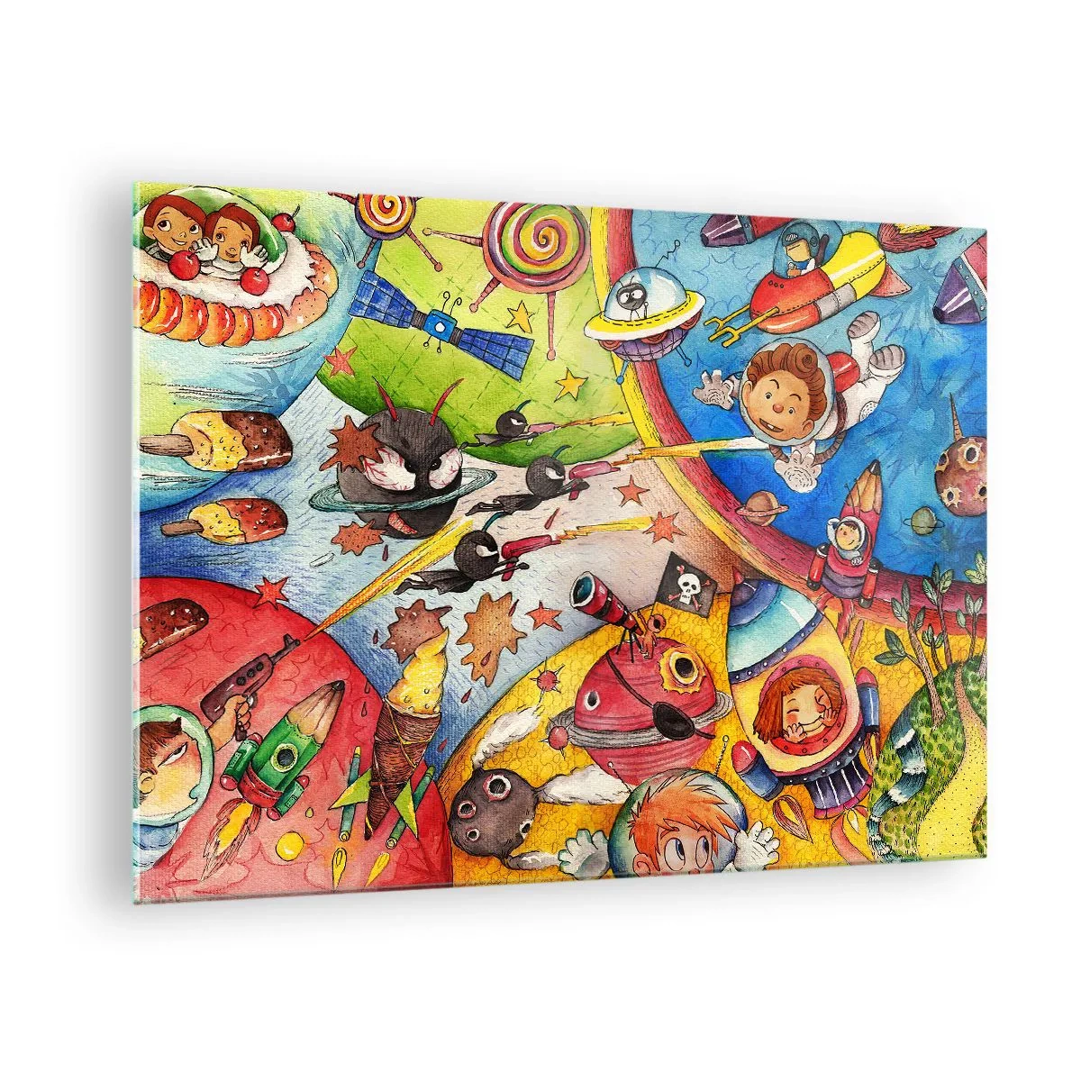 Obraz na skle - Farebná ilustrácia vesmírneho dobrodružstva pre deti - 70x50cm - Veľké vesmírne dobrodružstvo - Moderná nástenná dekorácia do obývacej izby a spálne ARTTOR