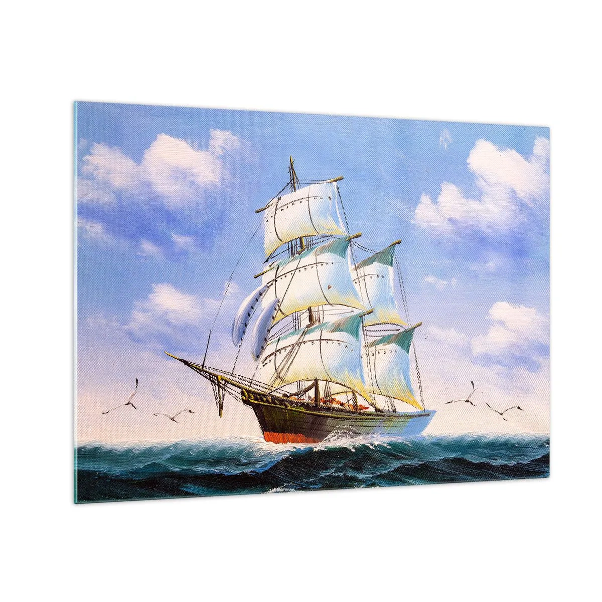Obraz na skle - Plachetnica na otvorenom mori pod modrou oblohou - 70x50cm - Hrdo s vetrom - Moderná nástenná dekorácia do obývacej izby a spálne ARTTOR