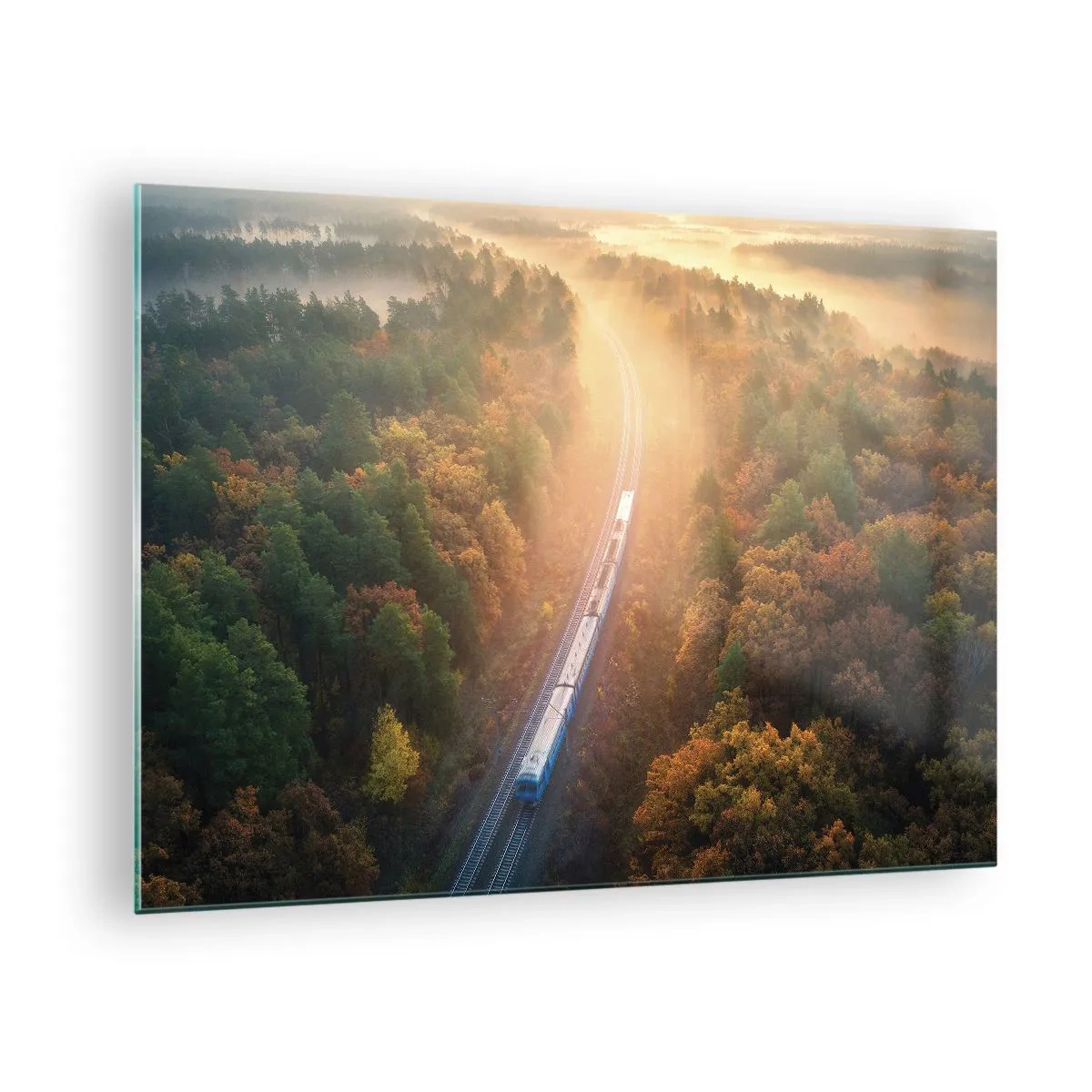 Obraz na skle - Vlak v malebnej jesennej scenérii, plný tepla a nostalgie - 70x50cm - Jesenná cesta - Moderná nástenná dekorácia do obývacej izby a spálne ARTTOR