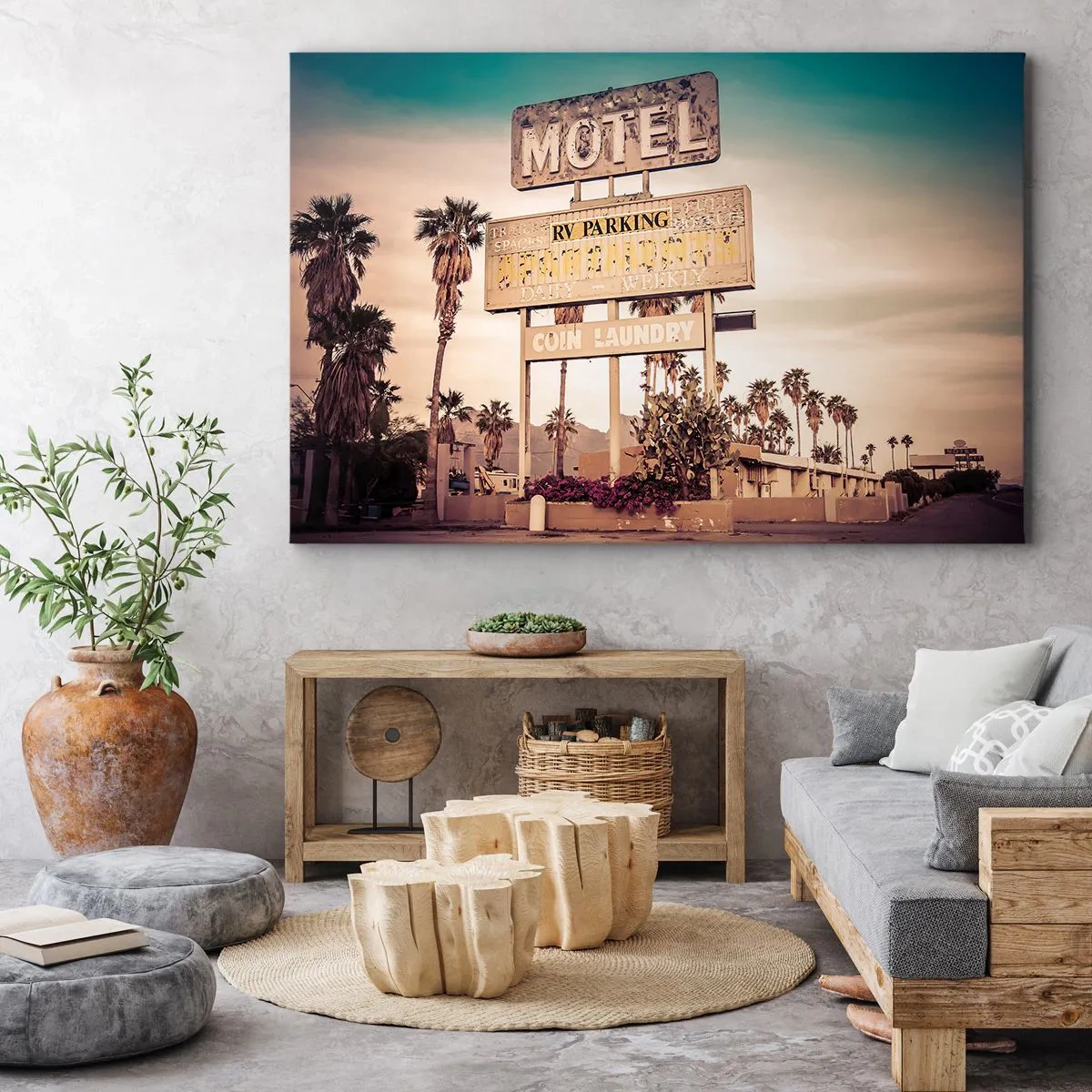 Obraz na plátne - Retro motelová značka obklopená palmami - 70x50cm - Tu sa zastavil čas - Moderná nástenná dekorácia do obývacej izby a spálne ARTTOR