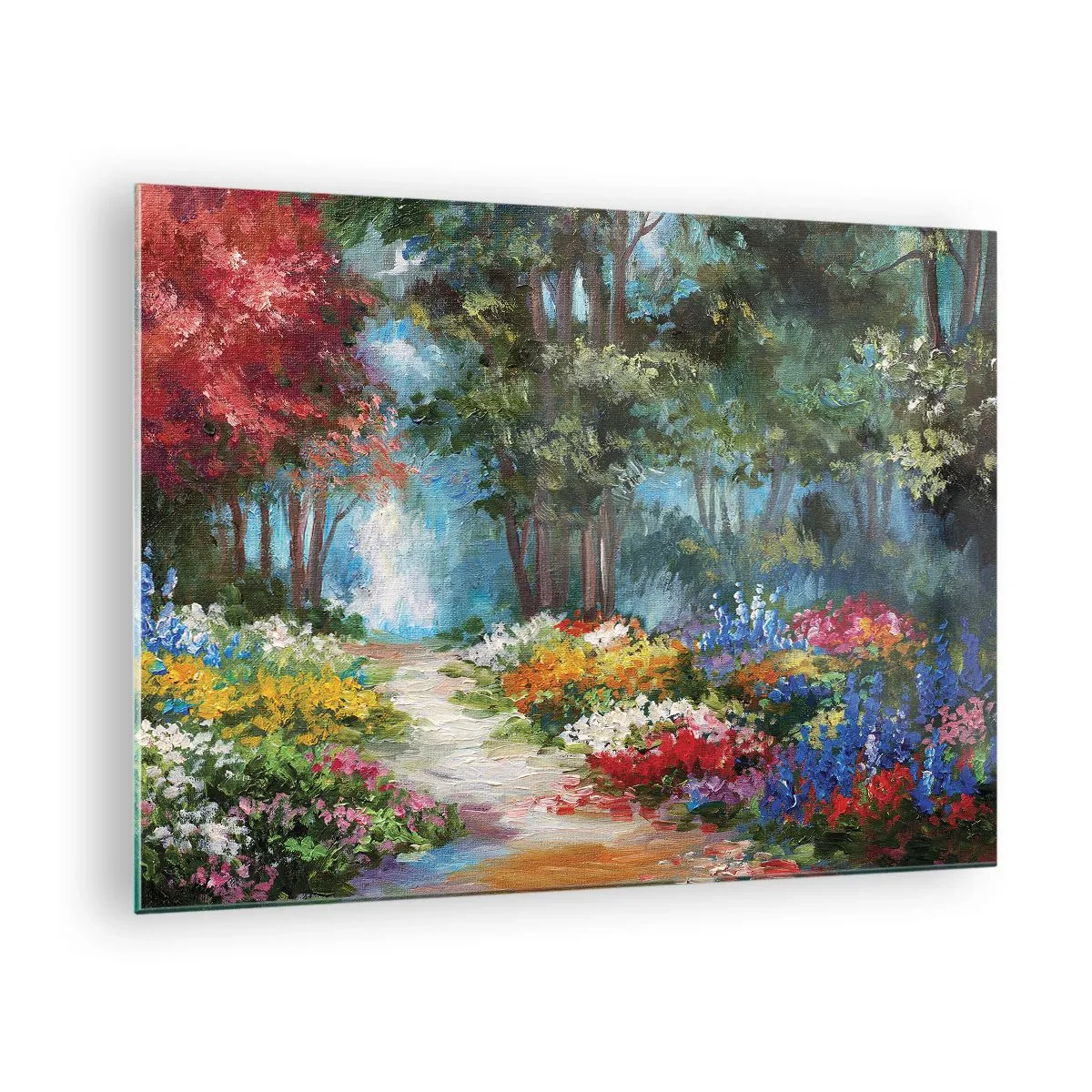 Obraz na skle - Farebná lesná záhrada s kvitnúcimi kvetmi - 70x50cm - Lesná záhrada, kvetinový les - Moderná nástenná dekorácia do obývacej izby a spálne ARTTOR