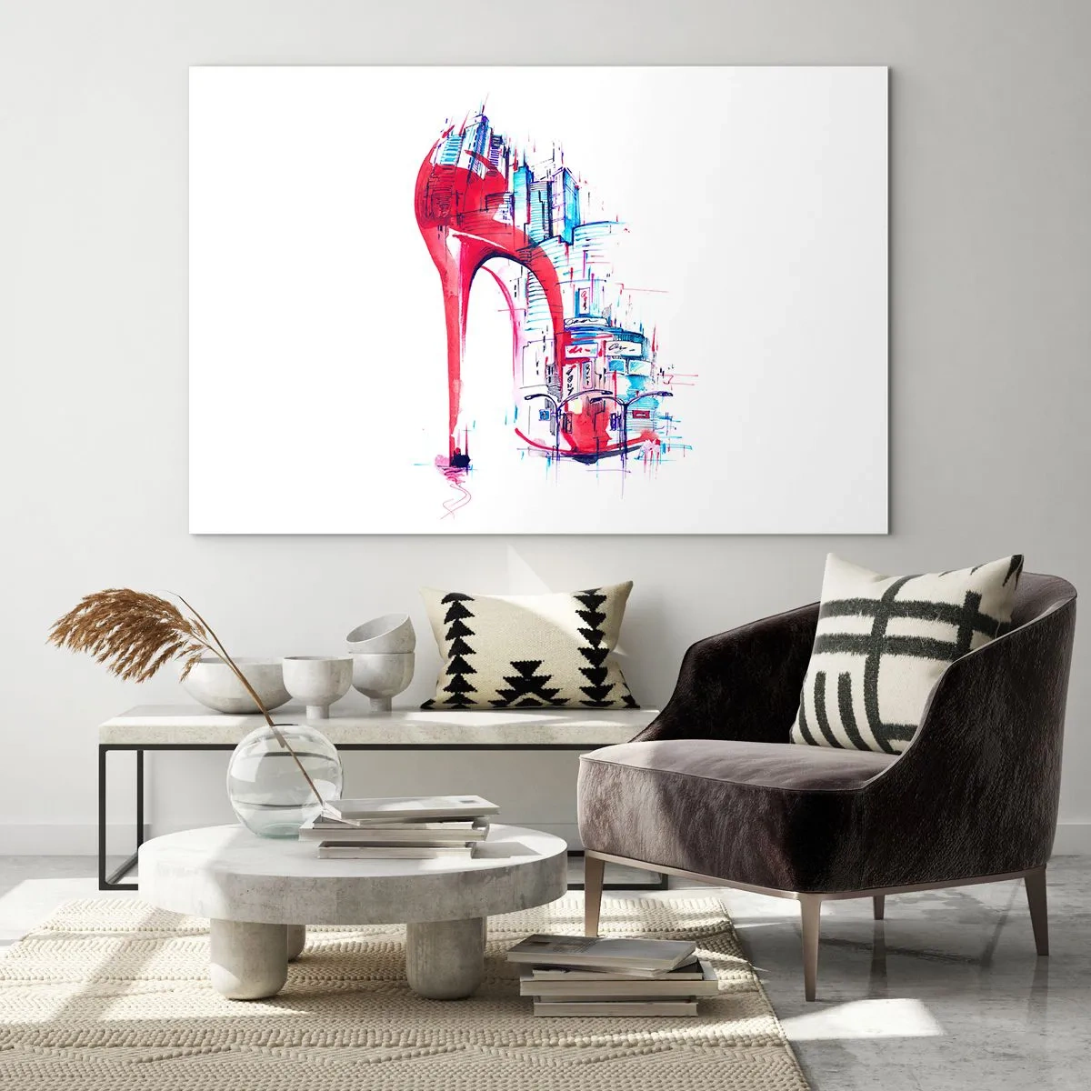 Obraz na skle - Červené ihlové topánky s motívom mestskej architektúry - 70x50cm - Veľkomestská elegánka - Moderná nástenná dekorácia do obývacej izby a spálne ARTTOR