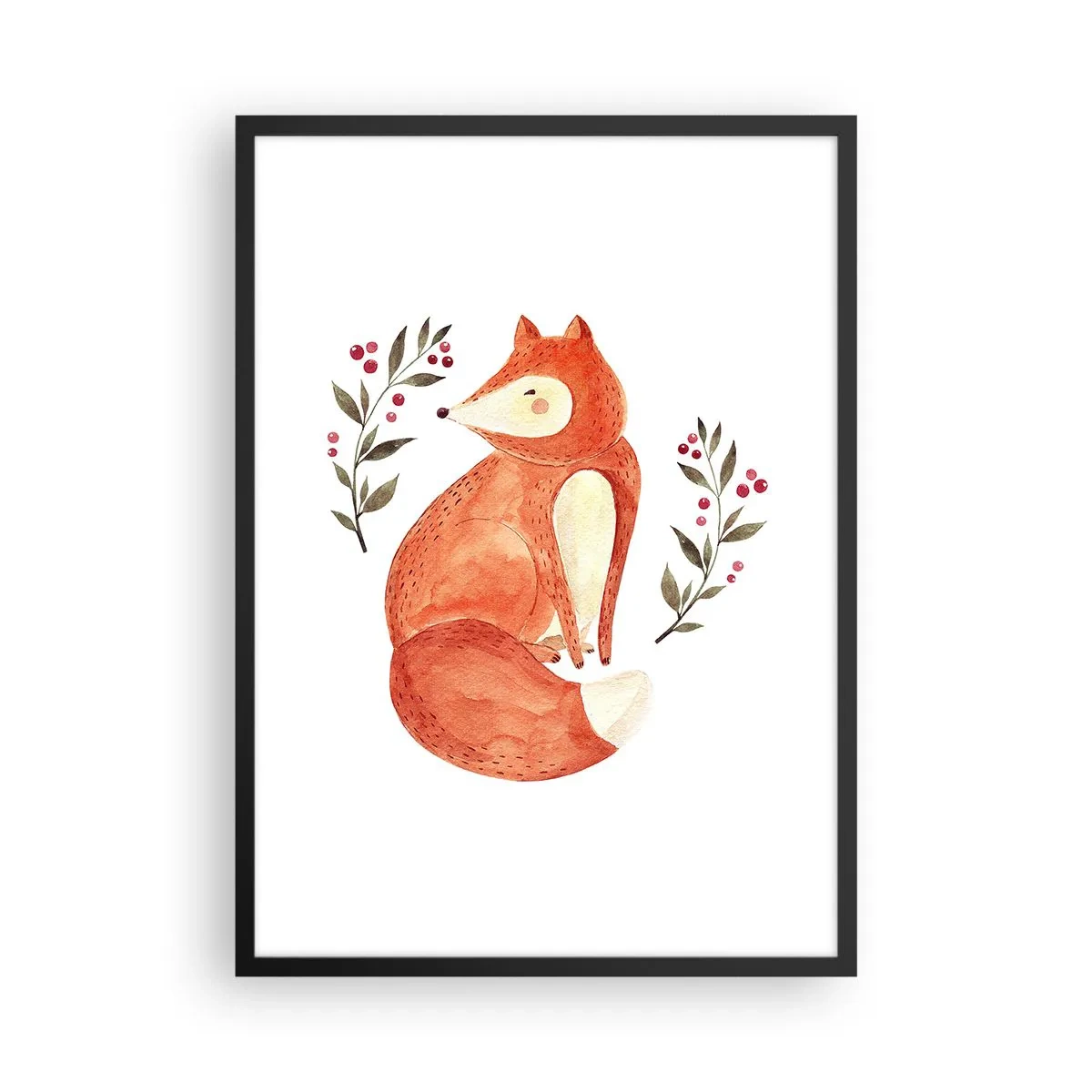 Plagát v čiernom ráme - Ilustrácia líšky obklopenej konármi s červeným ovocím - 50x70cm - Malý hrdzavec - Moderná nástenná dekorácia do obývacej izby a spálne ARTTOR