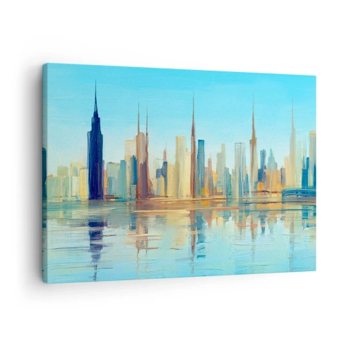 Obraz na plátne - Panoráma mesta v teplých farbách s odrazom vo vode - 70x50cm - Slnečná metropola - Moderná nástenná dekorácia do obývacej izby a spálne ARTTOR