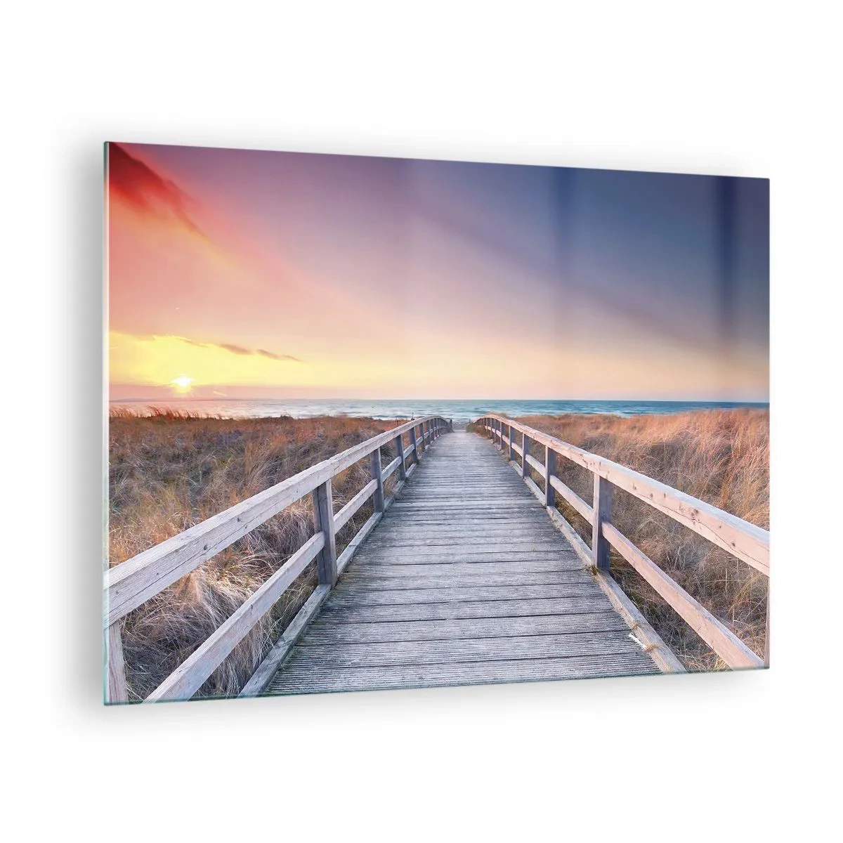 Obraz na skle - Drevené mólo vedúce na pláž pri západe slnka - 70x50cm - Baltská večerná polárna žiara - Moderná nástenná dekorácia do obývacej izby a spálne ARTTOR