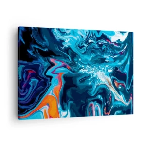 Obraz na plátne - Abstraktný vzor v odtieňoch modrej s oranžovými akcentmi. - 70x50cm - Cesta do stredu neba - Moderná nástenná dekorácia do obývacej izby a spálne ARTTOR