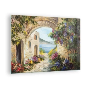 Obraz na skle - Malebná ulica s výhľadom na jazero - 70x50cm - Pôvab pobrežnej krajiny - Moderná nástenná dekorácia do obývacej izby a spálne ARTTOR