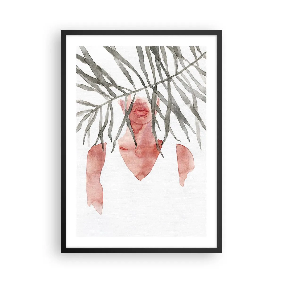 Plagát v čiernom ráme - Akvarelová silueta ženy zakrytej za listami - 50x70cm - Dáma trópov - Moderná nástenná dekorácia do obývacej izby a spálne ARTTOR