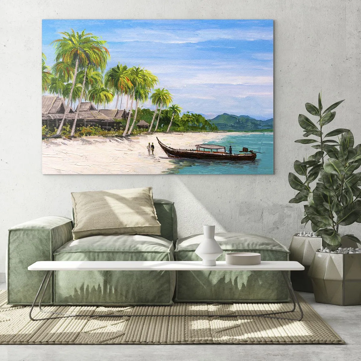 Obraz na skle - Tropická pláž s loďkou a palmami vedľa tradičných chatrčí - 70x50cm - Exotický sen - Moderná nástenná dekorácia do obývacej izby a spálne ARTTOR