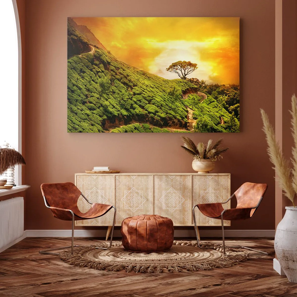 Obraz na plátne - Zelené kopce čajových plantáží pri západe slnka - 70x50cm - Kľukatým chodníkom, zeleným úbočím - Moderná nástenná dekorácia do obývacej izby a spálne ARTTOR