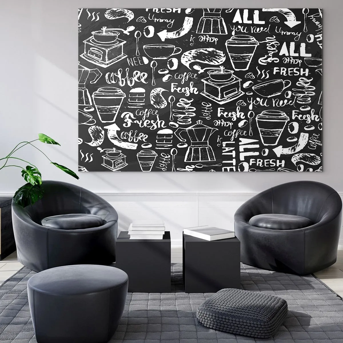 Obraz na skle - Grafika a nápisy s kávou na čiernom pozadí v retro štýle - 70x50cm - All you need is… - Moderná nástenná dekorácia do obývacej izby a spálne ARTTOR