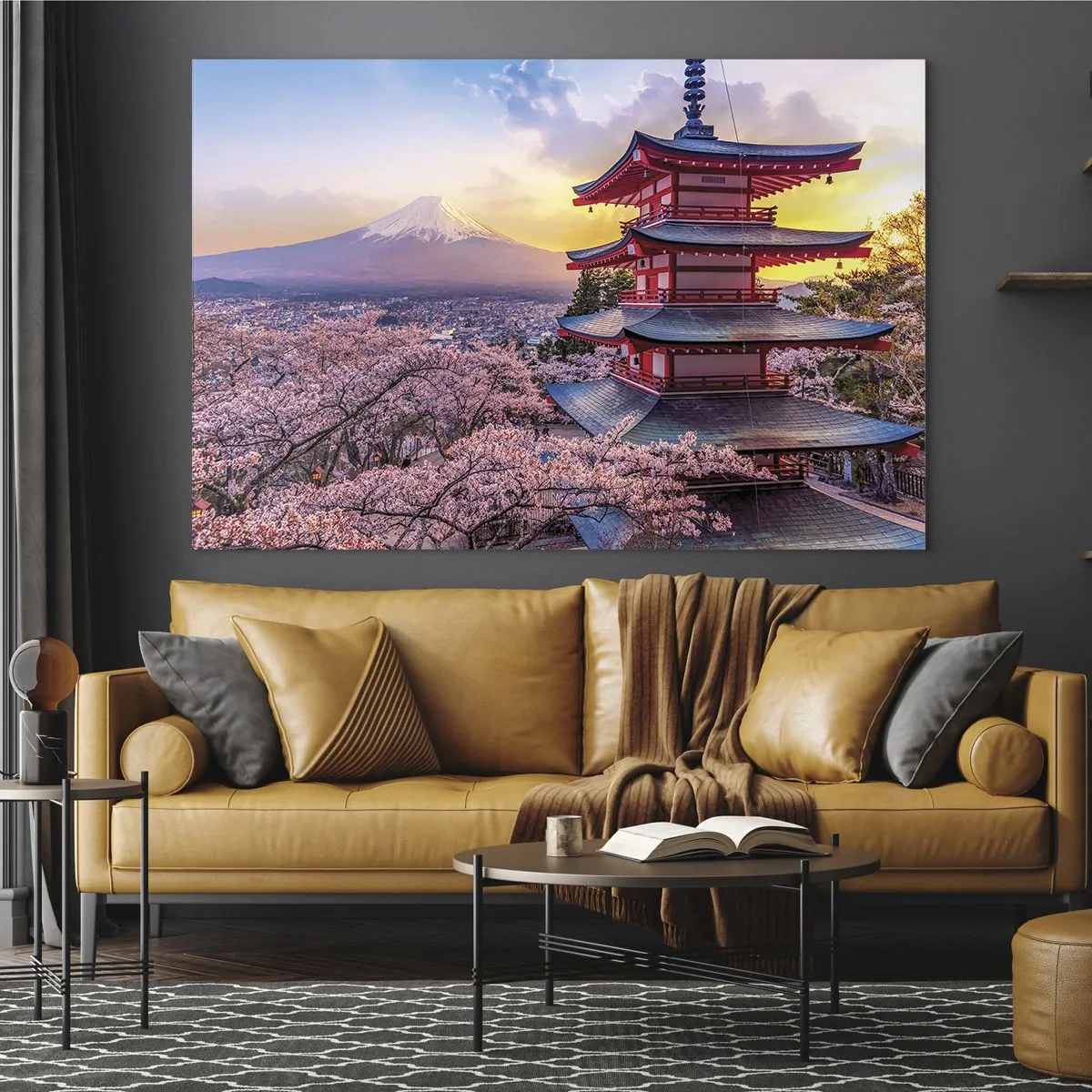 Obraz na skle - Pagoda v japonskej krajine s výhľadom na horu Fudži a kvitnúce stromy - 70x50cm - Podstata japonského ducha - Moderná nástenná dekorácia do obývacej izby a spálne ARTTOR