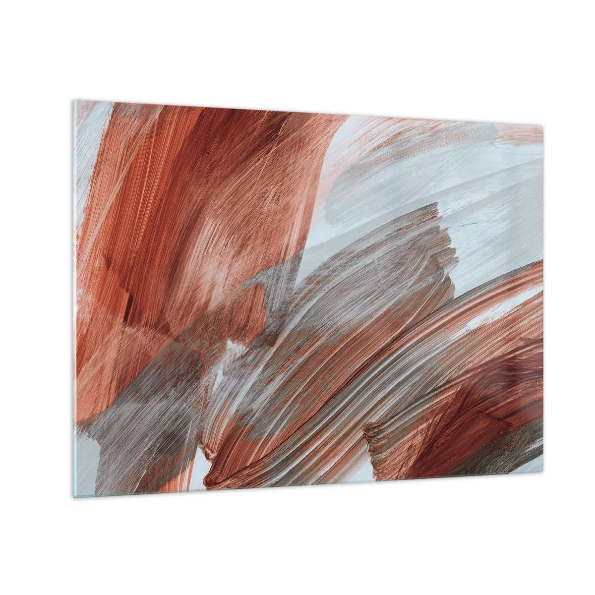 Obraz na skle - Dynamické ťahy štetcom v teplých jesenných farbách a chladných modrých odtieňoch. - 70x50cm - Jesenná veterná abstrakcia - Moderná nástenná dekorácia do obývacej izby a spálne ARTTOR