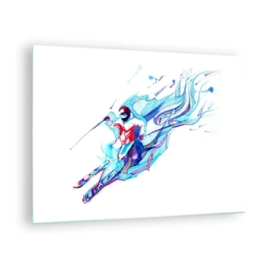 Obraz na skle - Dynamická postava lyžiara v abstraktných farbách - 70x50cm - Šialený beh za radosťou - Moderná nástenná dekorácia do obývacej izby a spálne ARTTOR