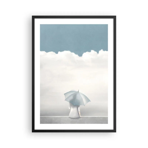 Plagát v čiernom ráme - Postava s dáždnikom sediaca na rímse medzi oblakmi - 50x70cm - Na hrane reality a snov - Moderná nástenná dekorácia do obývacej izby a spálne ARTTOR