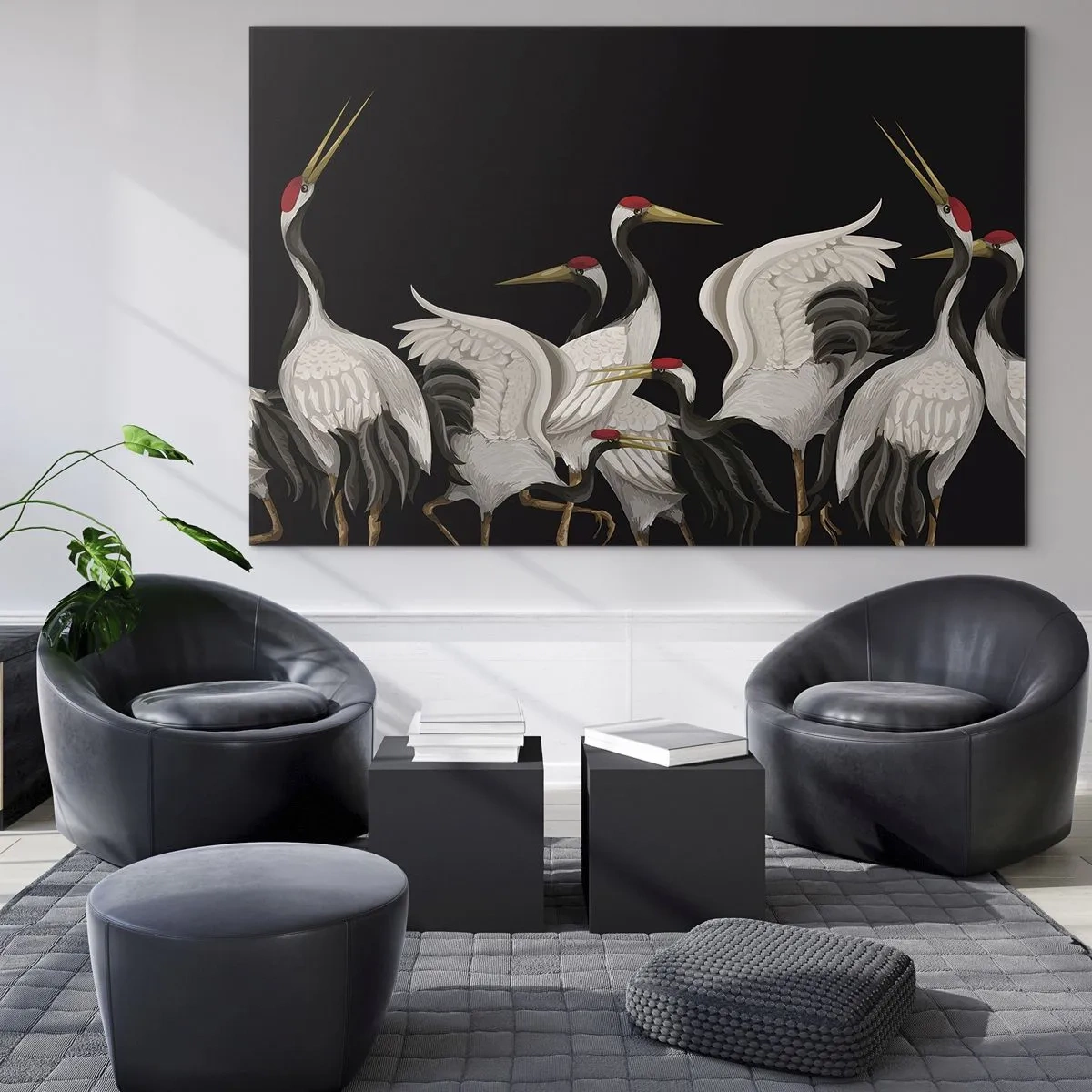 Obraz na skle - Biele žeriavy s červenými hlavami na čiernom pozadí - 70x50cm - Vtáčie záležitosti - Moderná nástenná dekorácia do obývacej izby a spálne ARTTOR