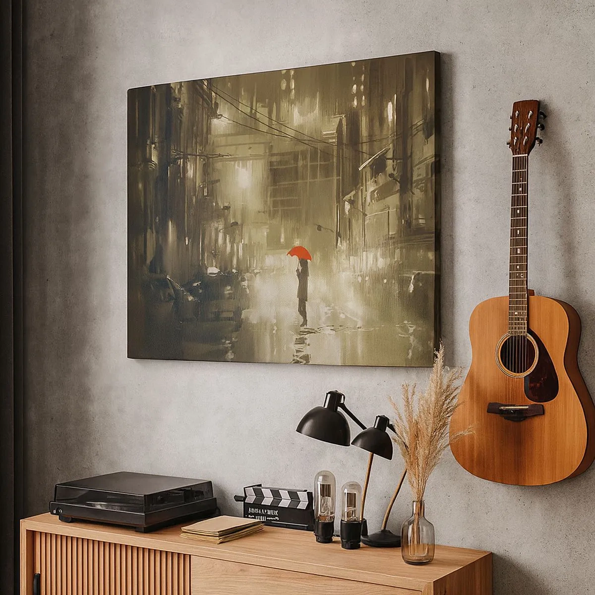 Obraz na plátne - Postava s červeným dáždnikom v daždivom meste - 70x50cm - Sama, ale nie osamelá - Moderná nástenná dekorácia do obývacej izby a spálne ARTTOR