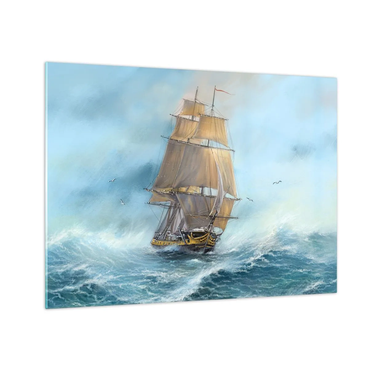Obraz na skle - Plachetnica na rozbúrenom mori v maliarskom štýle - 70x50cm - Bežiaci po vlnách - Moderná nástenná dekorácia do obývacej izby a spálne ARTTOR
