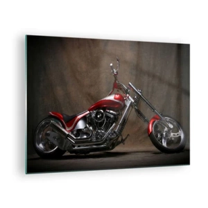 Obraz na skle - Červený zákazkový motocykel na tmavom pozadí - 70x50cm - Červeno-strieborná krása - Moderná nástenná dekorácia do obývacej izby a spálne ARTTOR