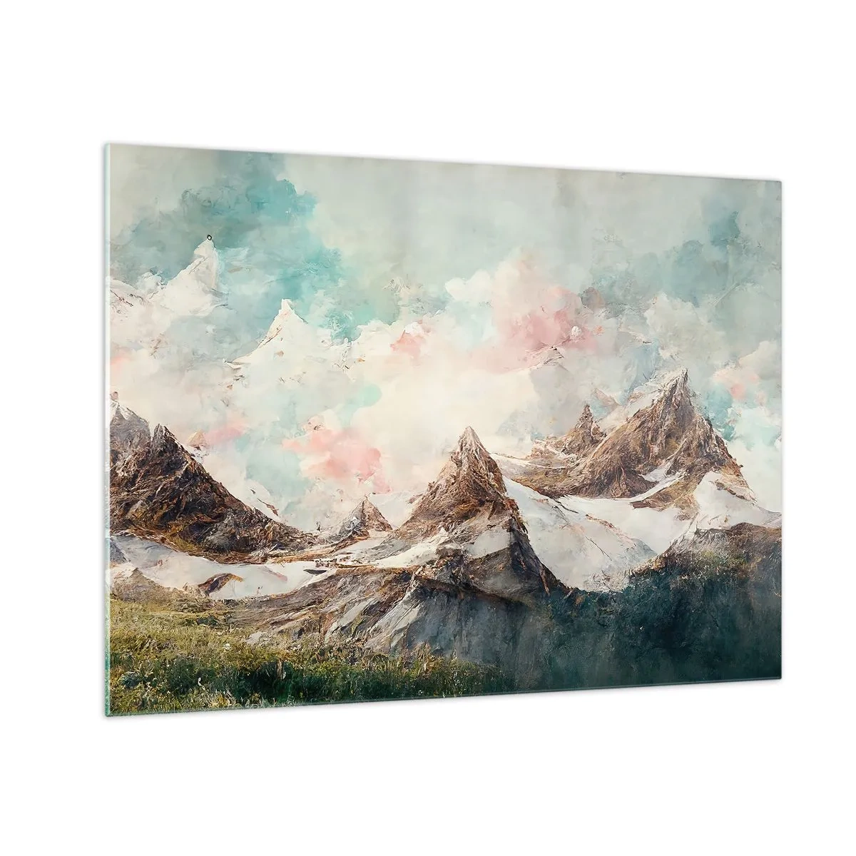 Obraz na skle - Malebné horské štíty s pastelovou oblohou - 70x50cm - Skalné čepele - Moderná nástenná dekorácia do obývacej izby a spálne ARTTOR