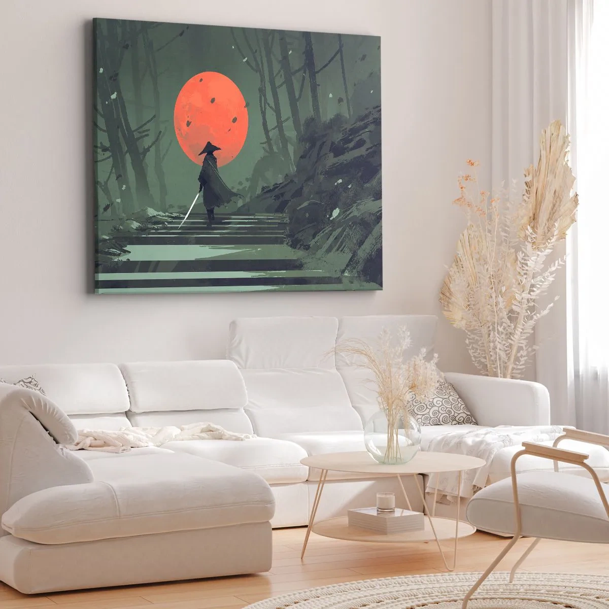 Obraz na plátne - Osamelý bojovník s mečom na pozadí červeného mesiaca v tmavom lese. - 70x50cm - Bojovník červeného mesiaca - Moderná nástenná dekorácia do obývacej izby a spálne ARTTOR