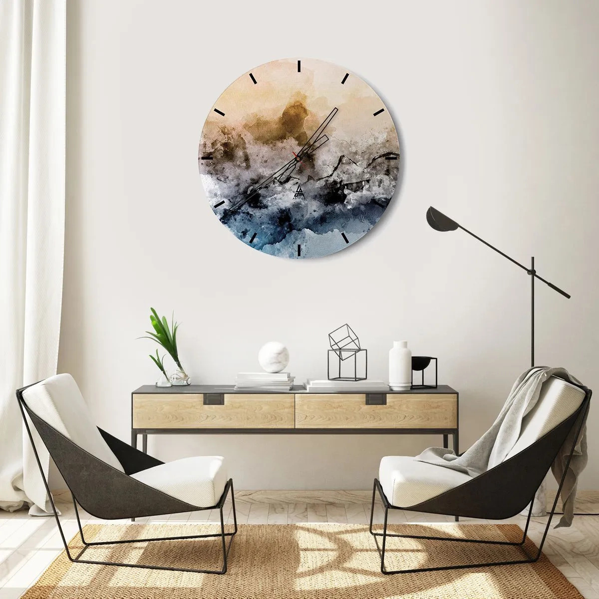 Nástenné hodiny - Abstraktná krajina v odtieňoch hmly, hnedej a modrej. - 30x30cm - Ponorené do mračná hmly - Moderná nástenná dekorácia do obývacej izby, kuchyne a spálne ARTTOR