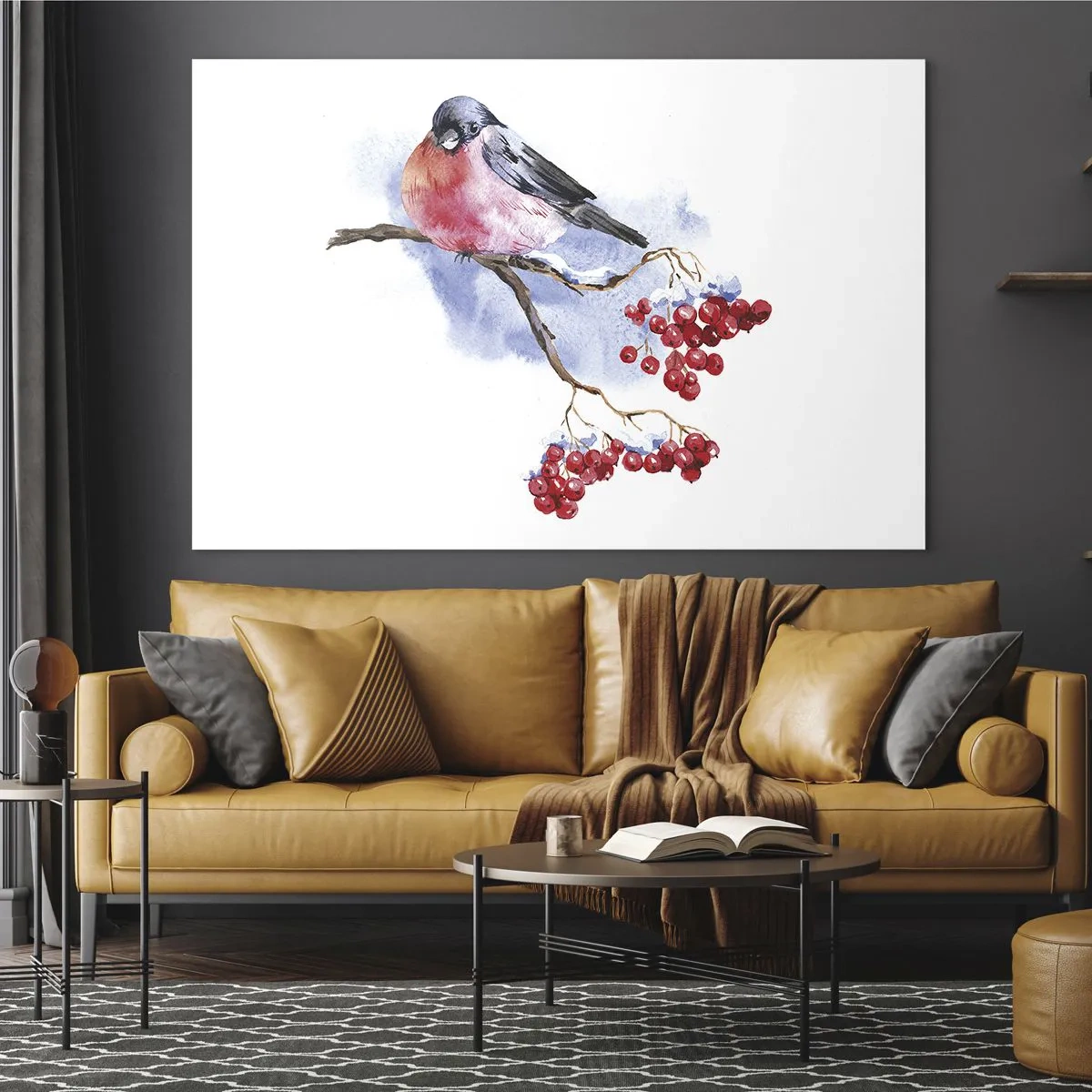 Obraz na skle - Vták na vetve jarabiny - 70x50cm - Farebná zima - Moderná nástenná dekorácia do obývacej izby a spálne ARTTOR