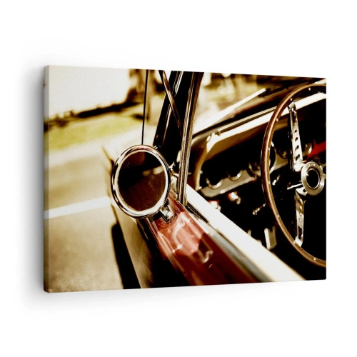 Obraz na plátne - Detailný záber zrkadla a interiéru klasického retro auta - 70x50cm - Auto s dušou - Moderná nástenná dekorácia do obývacej izby a spálne ARTTOR