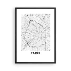 Plagát v čiernom ráme - Mapa Paríža v minimalistickom čiernobielom štýle. - 50x70cm - Kvet Paríža - Moderná nástenná dekorácia do obývacej izby a spálne ARTTOR