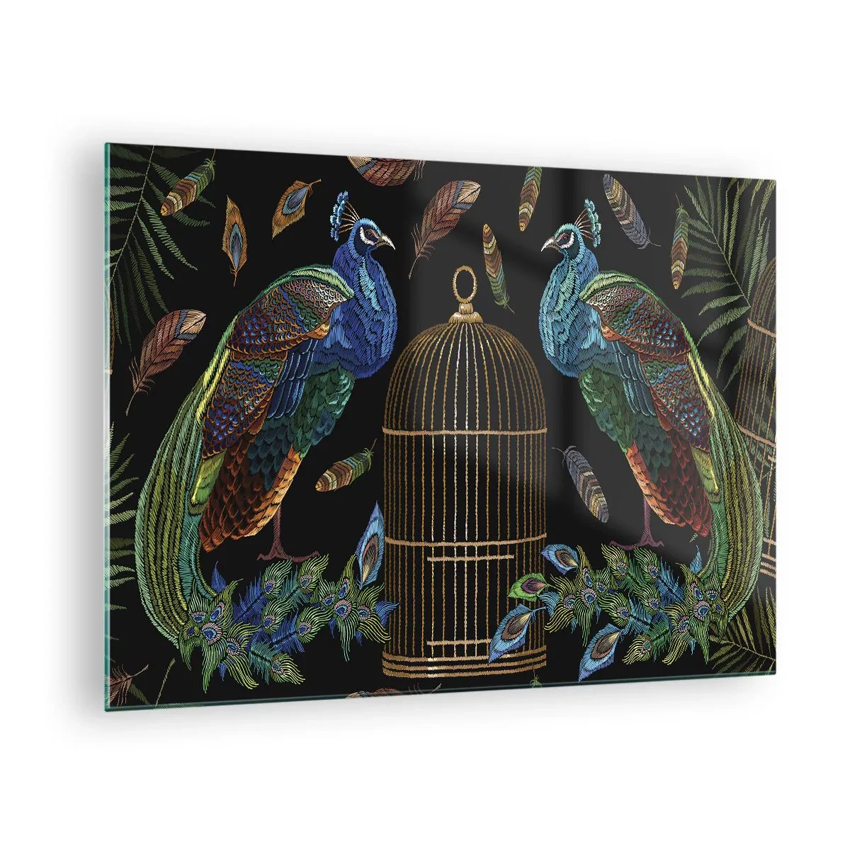 Obraz na skle - Farebné pávy a klietka na čiernom pozadí - 70x50cm - V kráľovskom rúchu - Moderná nástenná dekorácia do obývacej izby a spálne ARTTOR