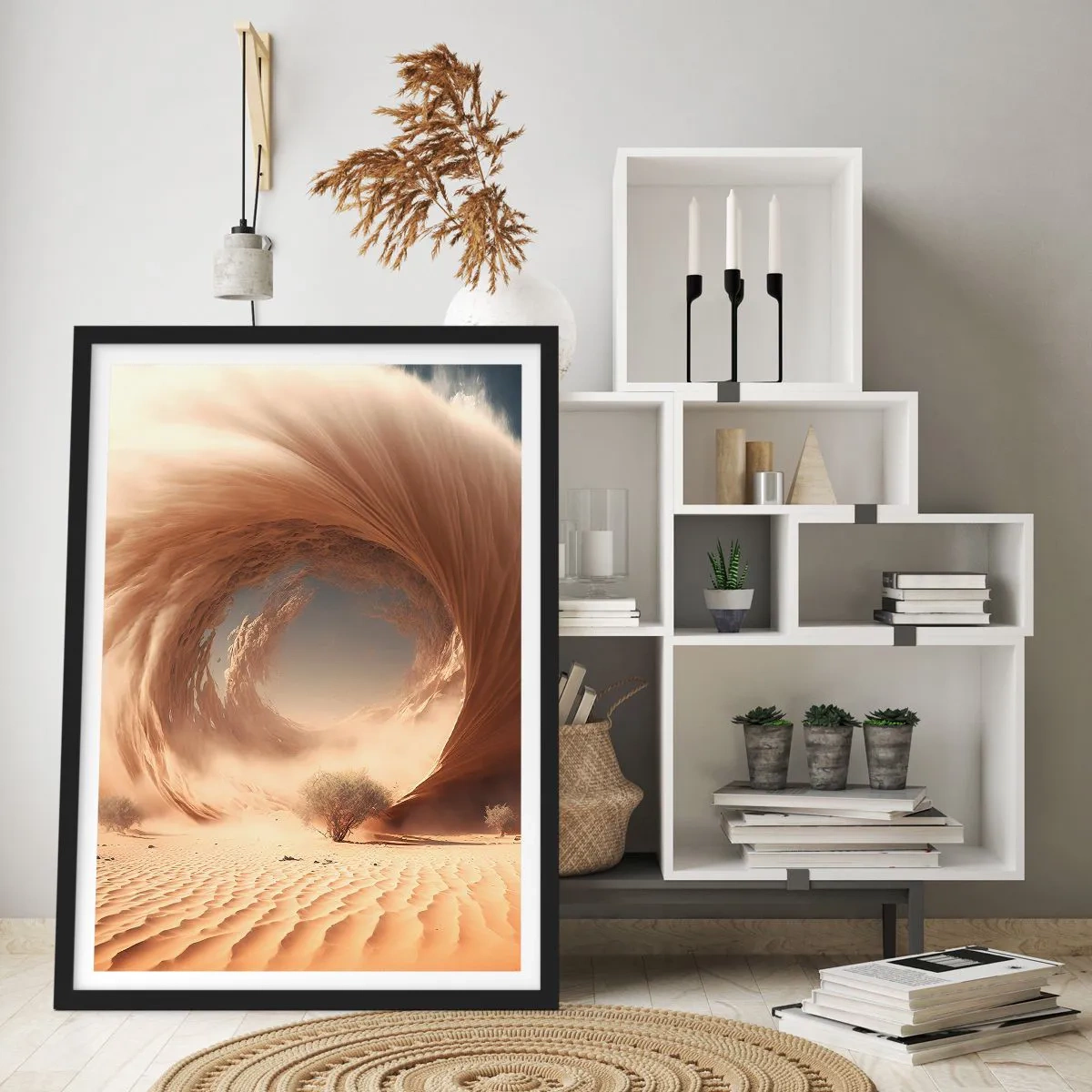 Plagát v čiernom ráme - Fenomenálny pieskový vír v púšti - 50x70cm - Otvorený portál - Moderná nástenná dekorácia do obývacej izby a spálne ARTTOR