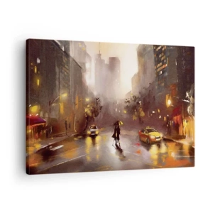 Obraz na plátne - Mestská scenéria v noci vo svetle pouličných lámp a odrazov na mokrej ulici. - 70x50cm - Vo svetlách New Yorku - Moderná nástenná dekorácia do obývacej izby a spálne ARTTOR