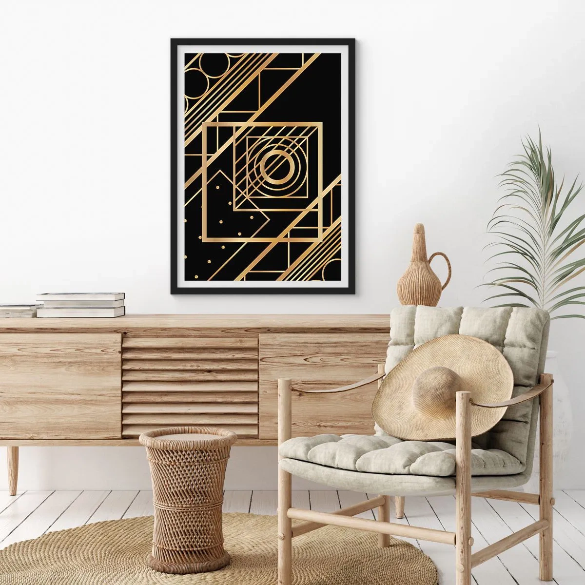 Plagát v čiernom ráme - Zlaté geometrické vzory na čiernom pozadí v štýle Art Deco - 50x70cm - Zlatá geometria - Moderná nástenná dekorácia do obývacej izby a spálne ARTTOR