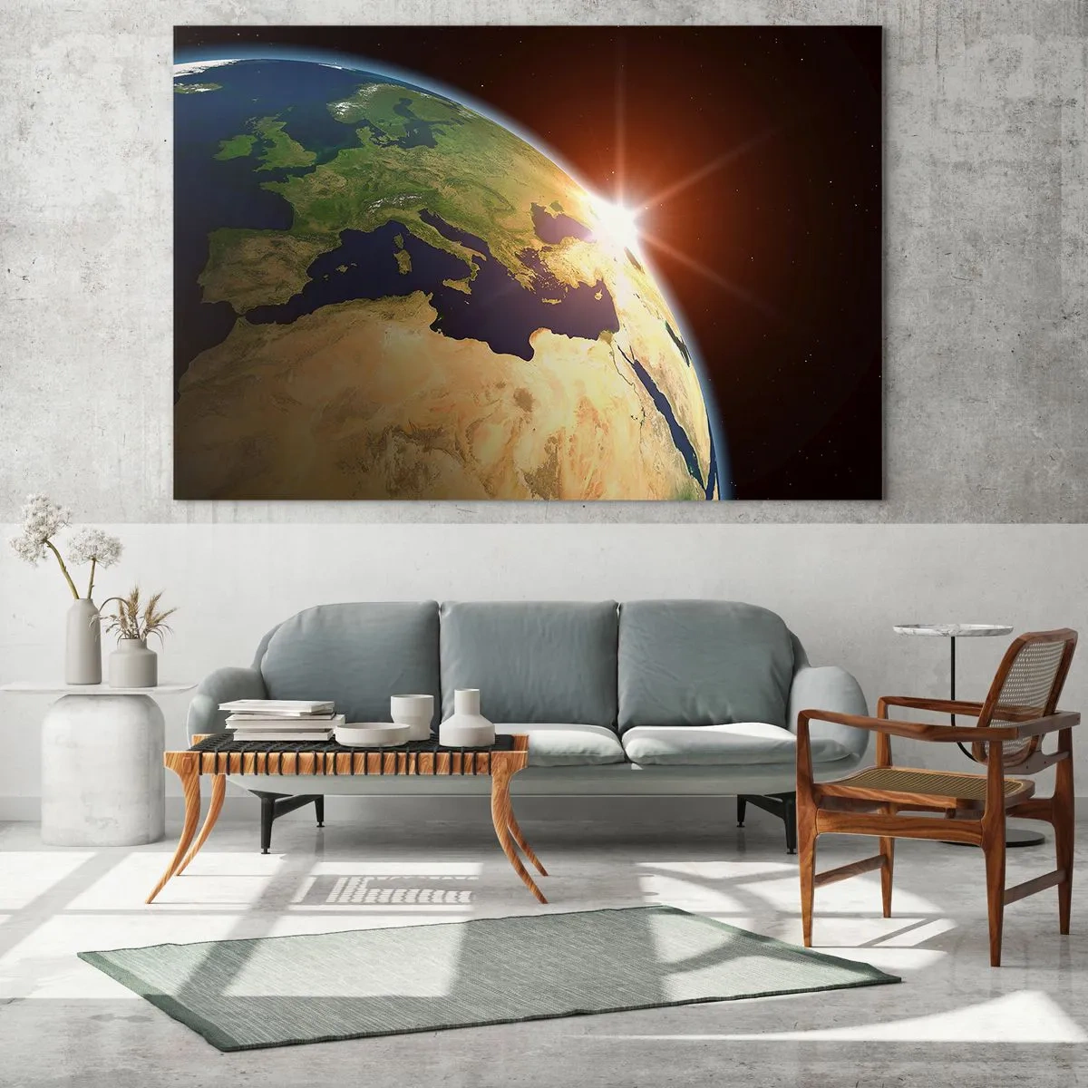 Obraz na skle - Zem osvetlená vychádzajúcim slnkom z vesmíru - 70x50cm - Východ slnka - Moderná nástenná dekorácia do obývacej izby a spálne ARTTOR