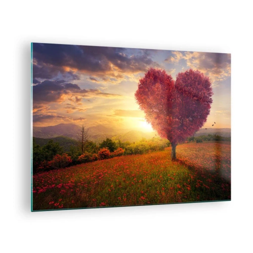 Obraz na skle - Strom v tvare srdca na poli pri západe slnka - 70x50cm - Je to dojemné - Moderná nástenná dekorácia do obývacej izby a spálne ARTTOR